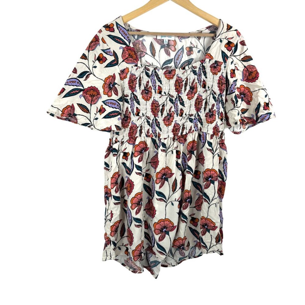 Grace +‎ Lace floral Smocked baby doll blouse Y2K sz L